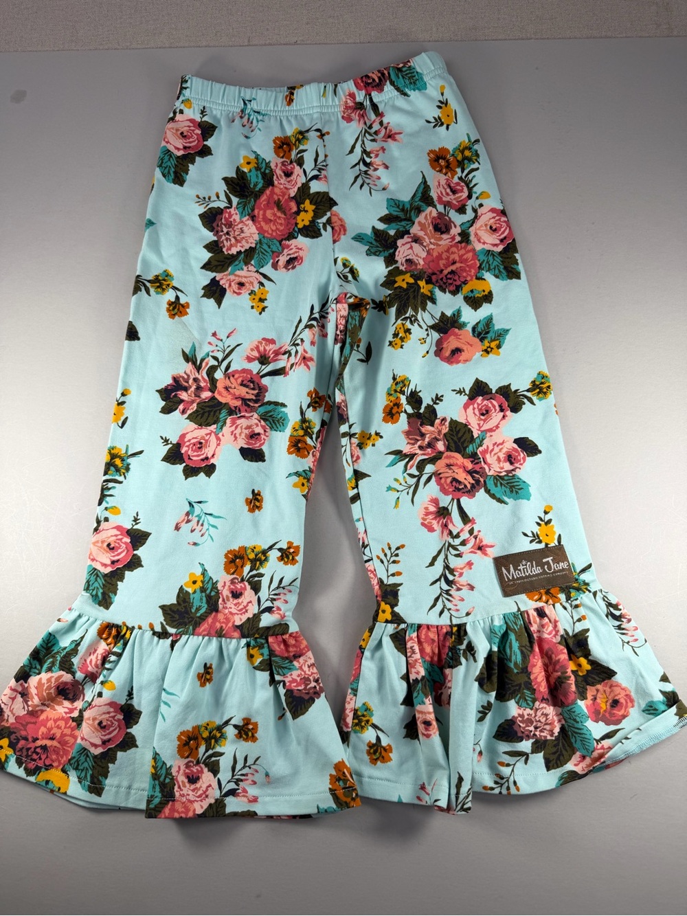 Matilda Jane Wonderment Aqua Floral Ruffle Pants with Pink Roses